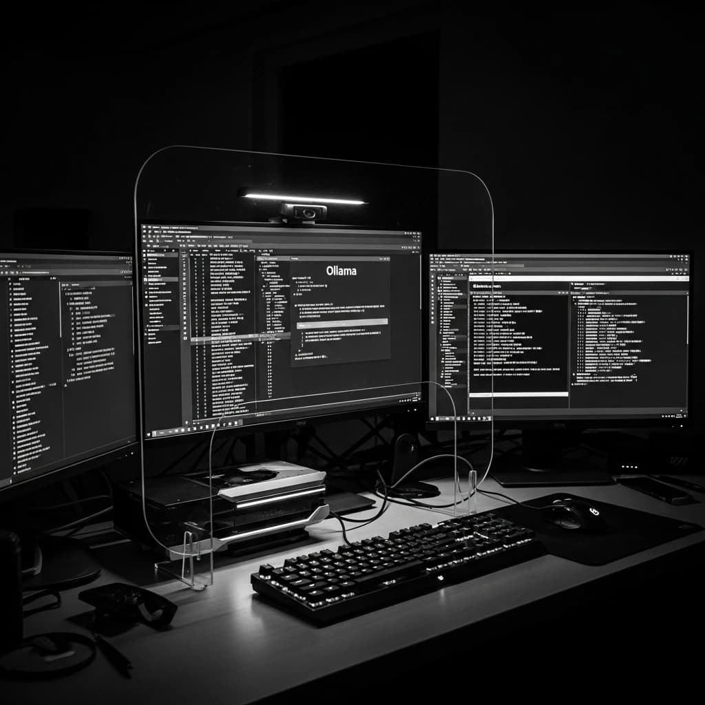 Abstract visualization of local AI running on developer hardware with privacy and speed metrics