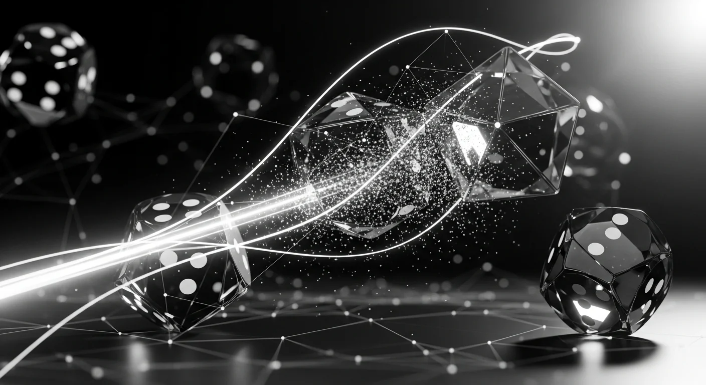 Cinematic black and white visualization of mathematical uncertainty and Monte Carlo simulation in AI prediction