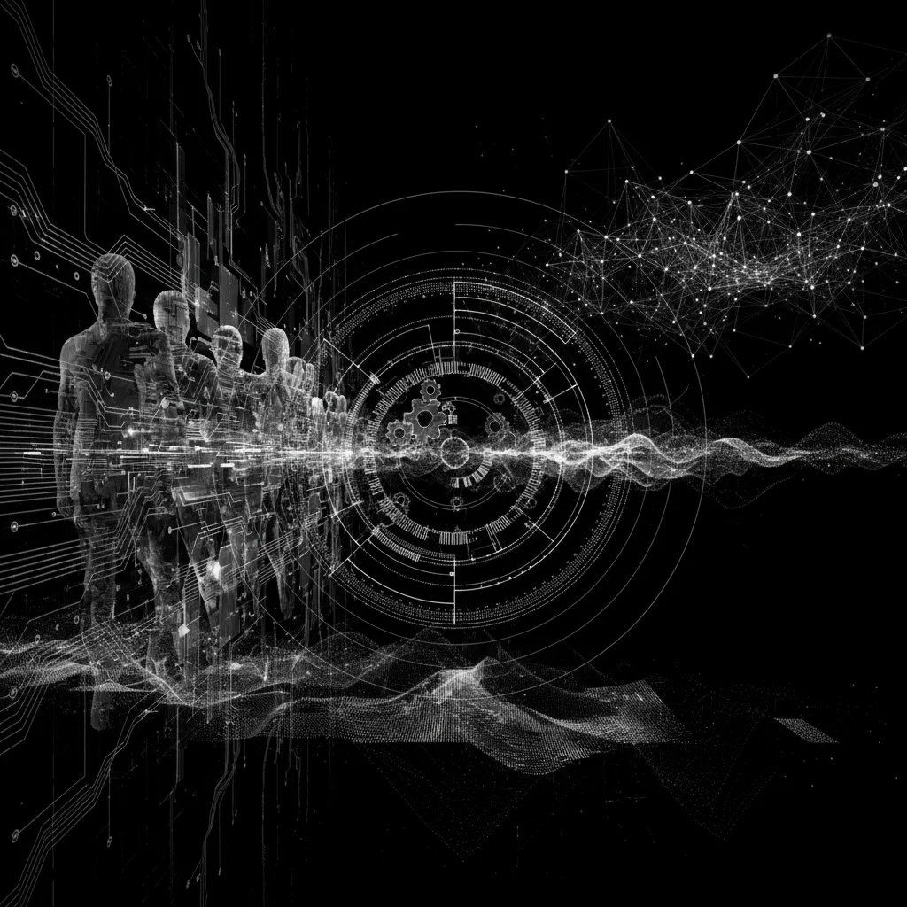 Monochrome data visualization of occupational exposure rings and labor market trend lines