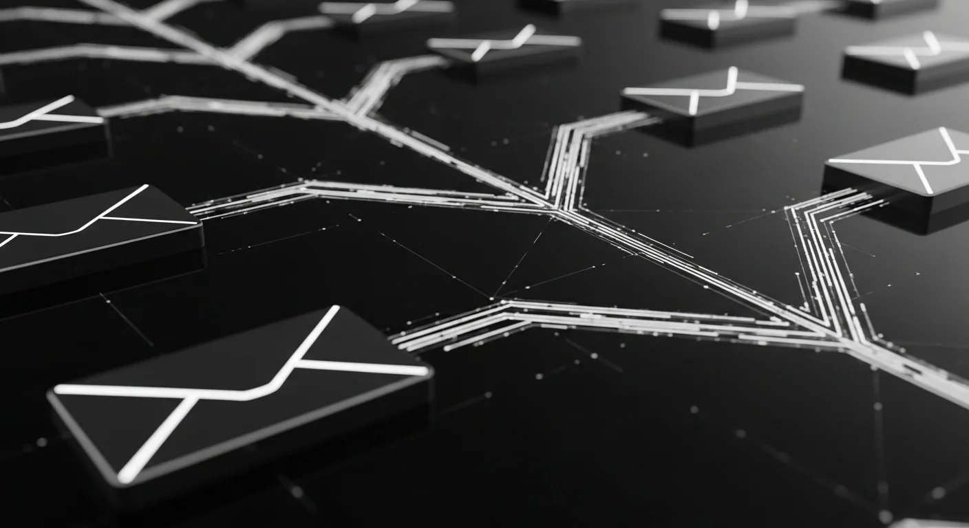 Cinematic black and white photograph of geometric envelope forms branching into personalized data paths