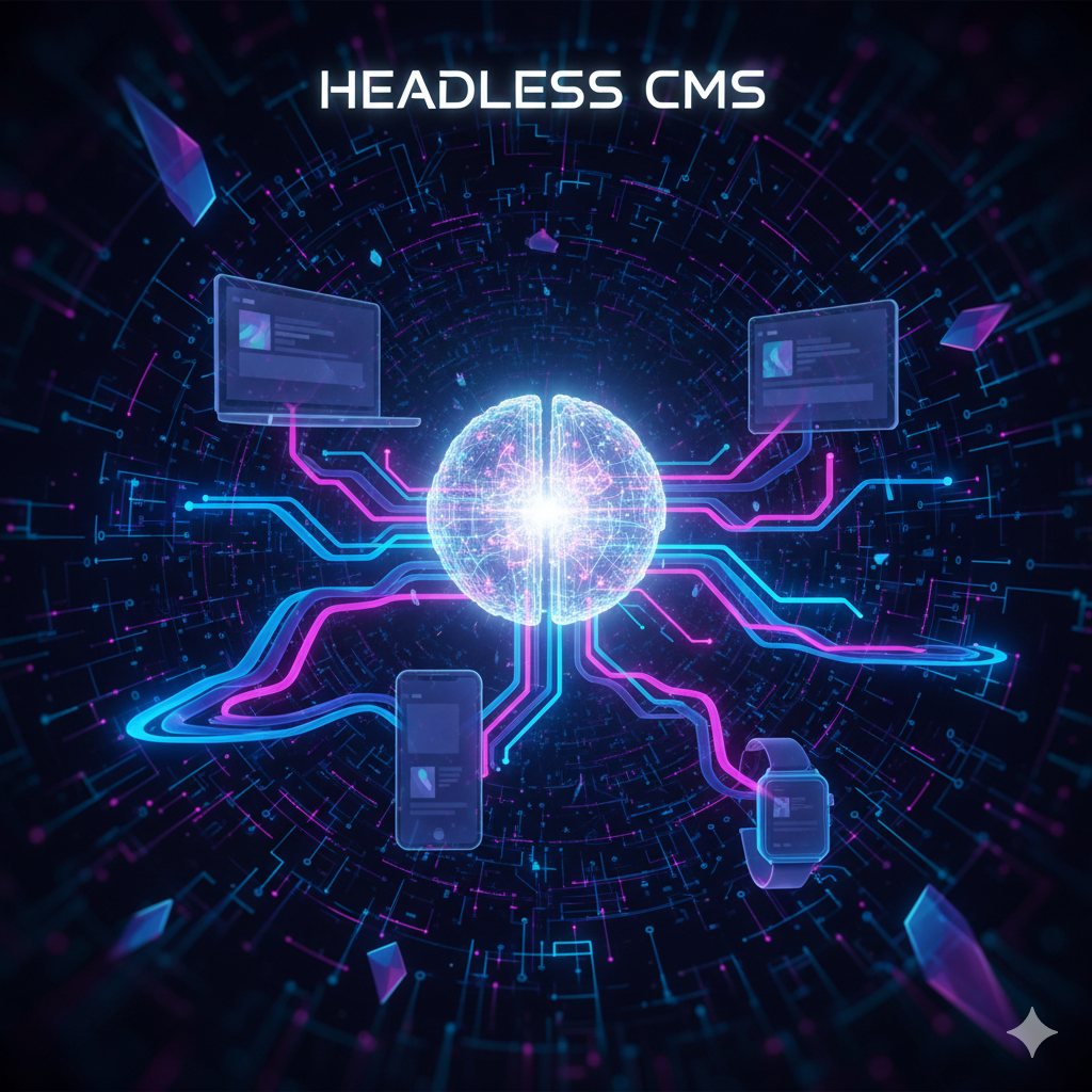 An abstract visualization of the 2025 composable CMS ecosystem with AI integration