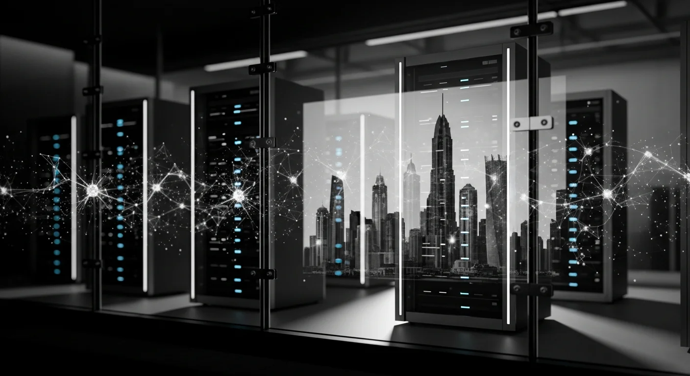 Cinematic black and white photograph of secure AI server infrastructure with Dubai skyline reflection