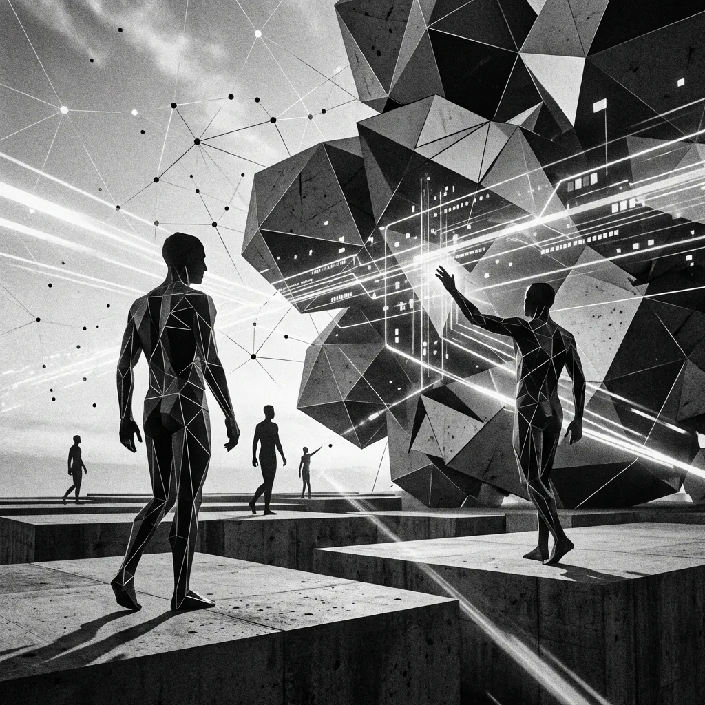 Future of work 2030 visualization showing human and AI collaboration with data analytics and job growth projections