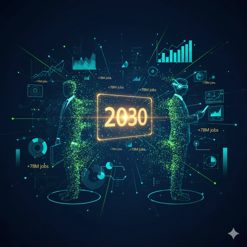 Future of work 2030 visualization showing human and AI collaboration with data analytics and job growth projections